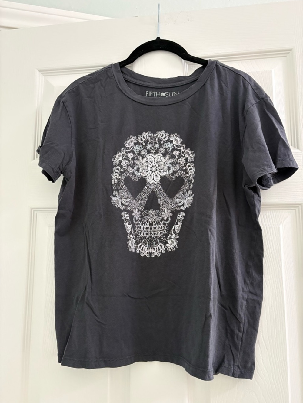 Fifth Sun Charcoal Tee with White Floral Skull Graphic
